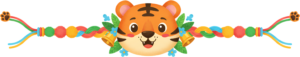 Presenting a cheerful tiger Rakhii, a delightful PNG illustration adorned with bells and flowers, perfect for lively celebration graphics and digital designs