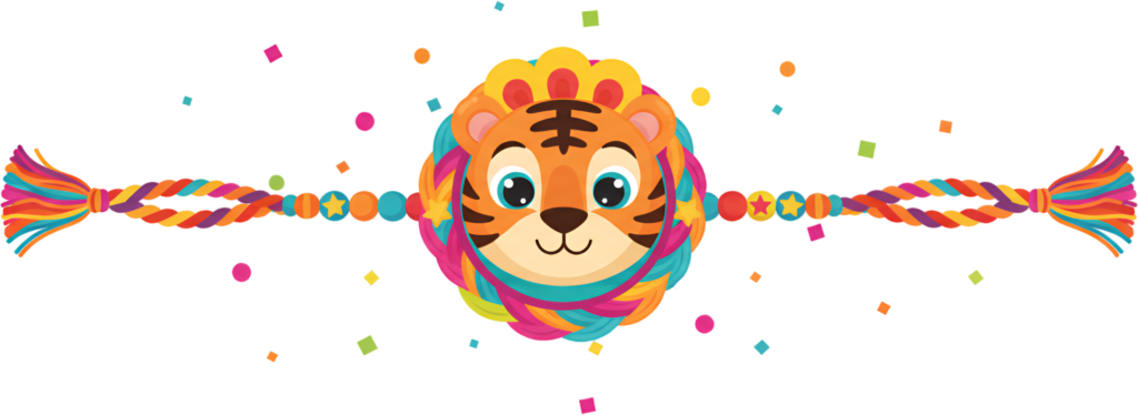 Mark festivities with this joyful tiger Rakhi, a vibrant PNG artwork surrounded by confetti and star beads for energetic digital illustrations and party elements 1 - Mark festivities with this joyful tiger Rakhi, a vibrant PNG artwork surrounded by confetti and star beads for energetic digital illustrations and party elements Free PNG Download