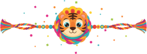 Mark festivities with this joyful tiger Rakhi, a vibrant PNG artwork surrounded by confetti and star beads for energetic digital illustrations and party elements