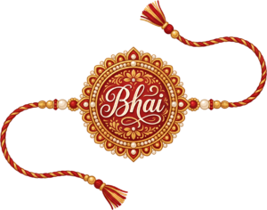 Deliver heartfelt Raksha Bandhan sentiments with this elegant ‘Bhai’ Rakhi illustration, a golden-detailed PNG for sophisticated digital cards