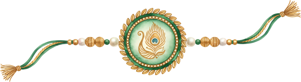 Develop serene Raksha Bandhan visuals with this peacock feather Rakhi illustration, a watercolor-style PNG for artistic digital content 1 - Develop serene Raksha Bandhan visuals with this peacock feather Rakhi illustration, a watercolor-style PNG for artistic digital content Free PNG Download