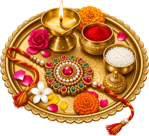 Develop high-quality traditional Raksha Bandhan Rakhi thali illustration in PNG format for diverse digital design projects