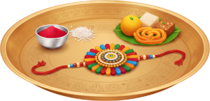 Craft captivating Raksha Bandhan designs with this vibrant Rakhi thali PNG illustration asset, perfect for digital projects