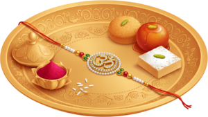 Discover premium Raksha Bandhan digital illustration assets: a golden Rakhi thali PNG for festive graphic design projects