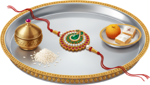 Acquire an elegant Raksha Bandhan Rakhi thali illustration in PNG format, ideal for professional digital design and printing needs