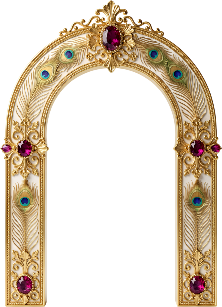 Elaborate peacock arch showcases vibrant jewels and intricate Royal Clipart PNG, perfect for grand celebrations