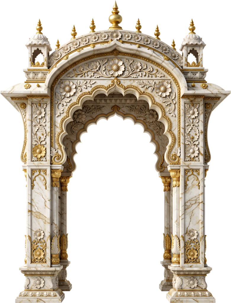 Mughal style archway entrance captivates with intricate carvings and golden domes, a majestic Royal PNG Clipart