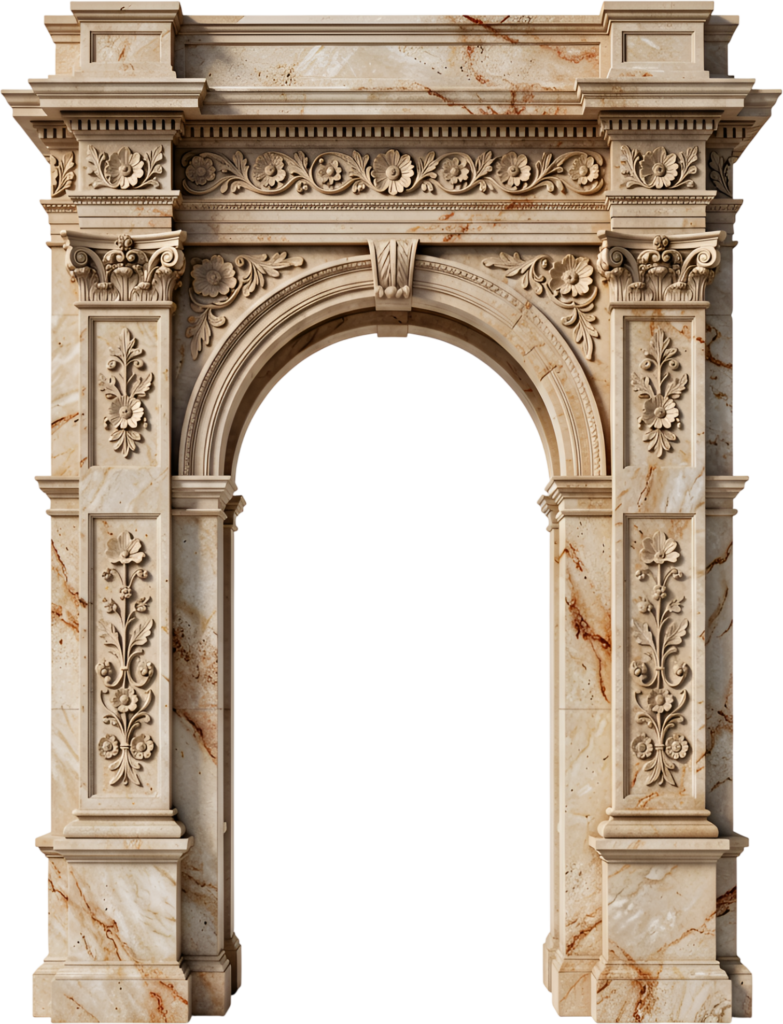 Grand classical arch structure in carved marble offers timeless elegance for a Royal PNG Clipart collection
