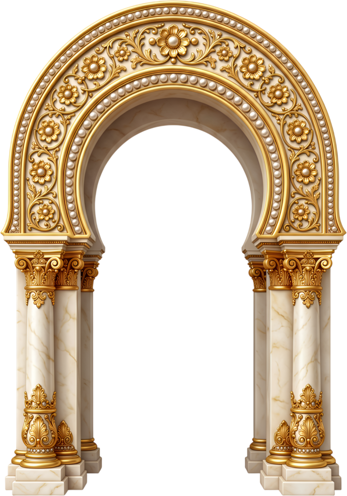 Elegant golden arch featuring intricate floral patterns and pearl embellishments, a beautiful Royal Clipart PNG