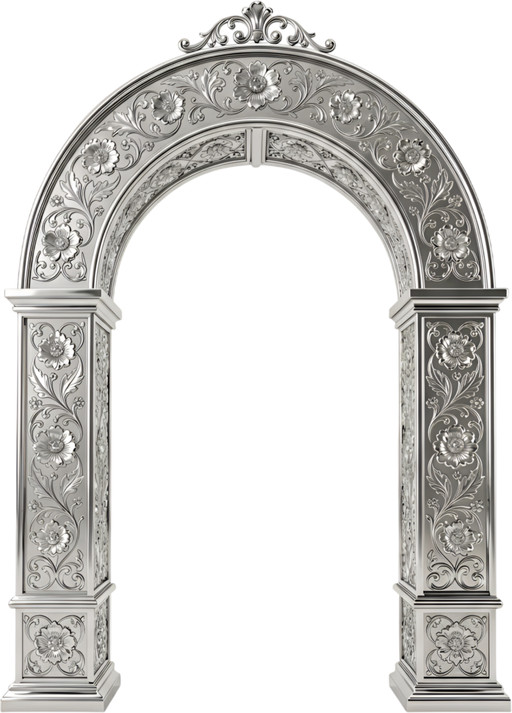 Majestic silver arch adorned with delicate floral engravings, a sophisticated Royal Clipart PNG for graphic projects