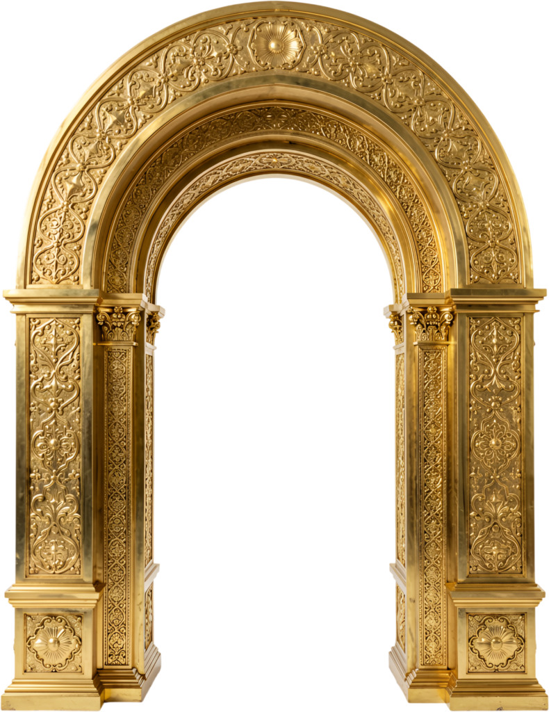 Opulent golden arch boasts rich baroque scrollwork and intricate carvings, a magnificent Royal PNG Clipart asset