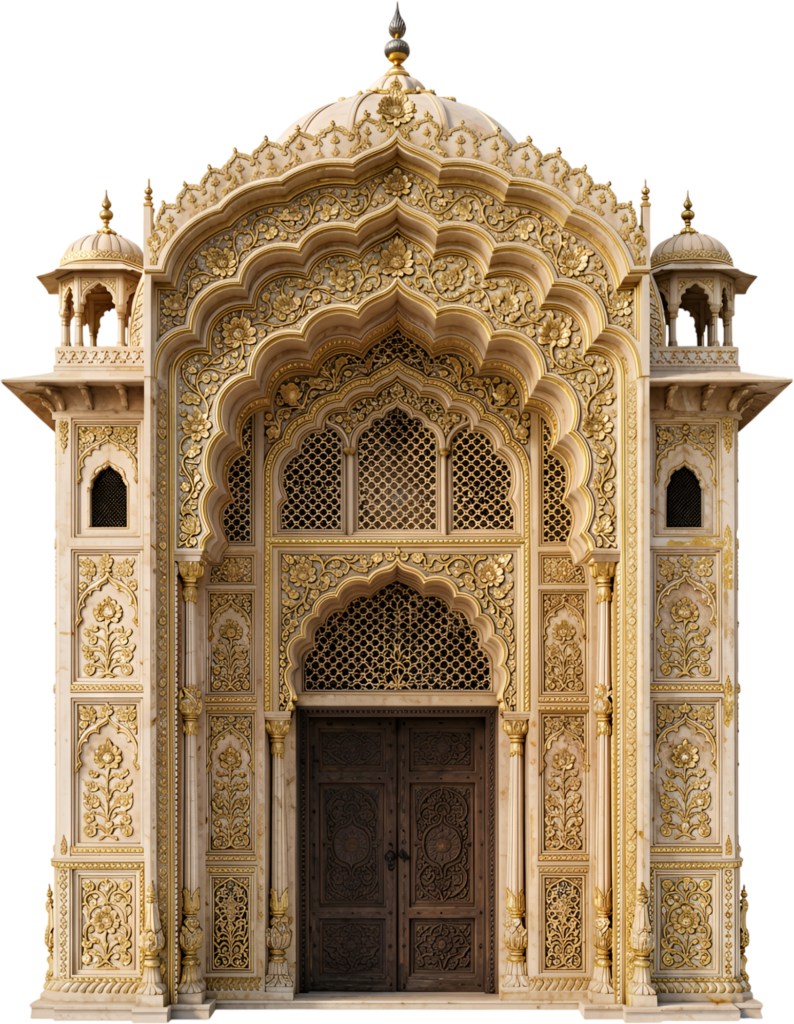 Elaborate Indian temple gateway showcases intricate marble carvings and golden details, a splendid Royal PNG Clipart