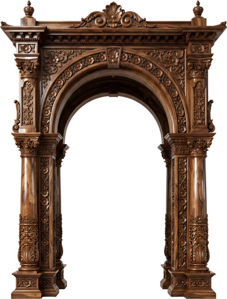 Exquisite carved wooden arch in rich mahogany, featuring intricate floral designs, a striking Royal Clipart PNG