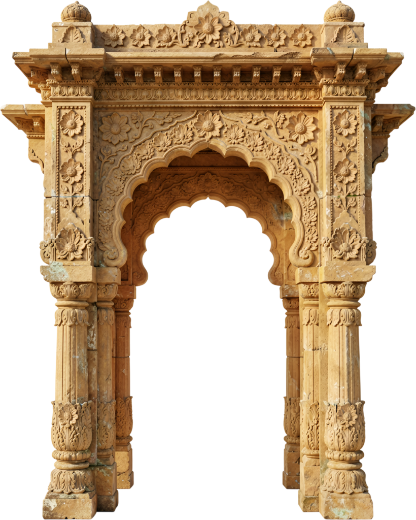 Ancient stone archway with weathered intricate carvings, a historical Royal Clipart PNG for rustic designs