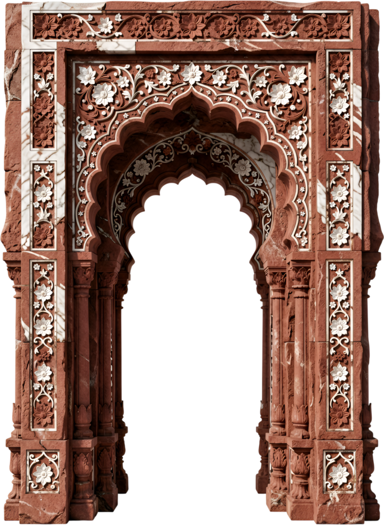 Intricate red sandstone archway with white marble floral inlays, a vibrant Royal PNG Clipart architectural element