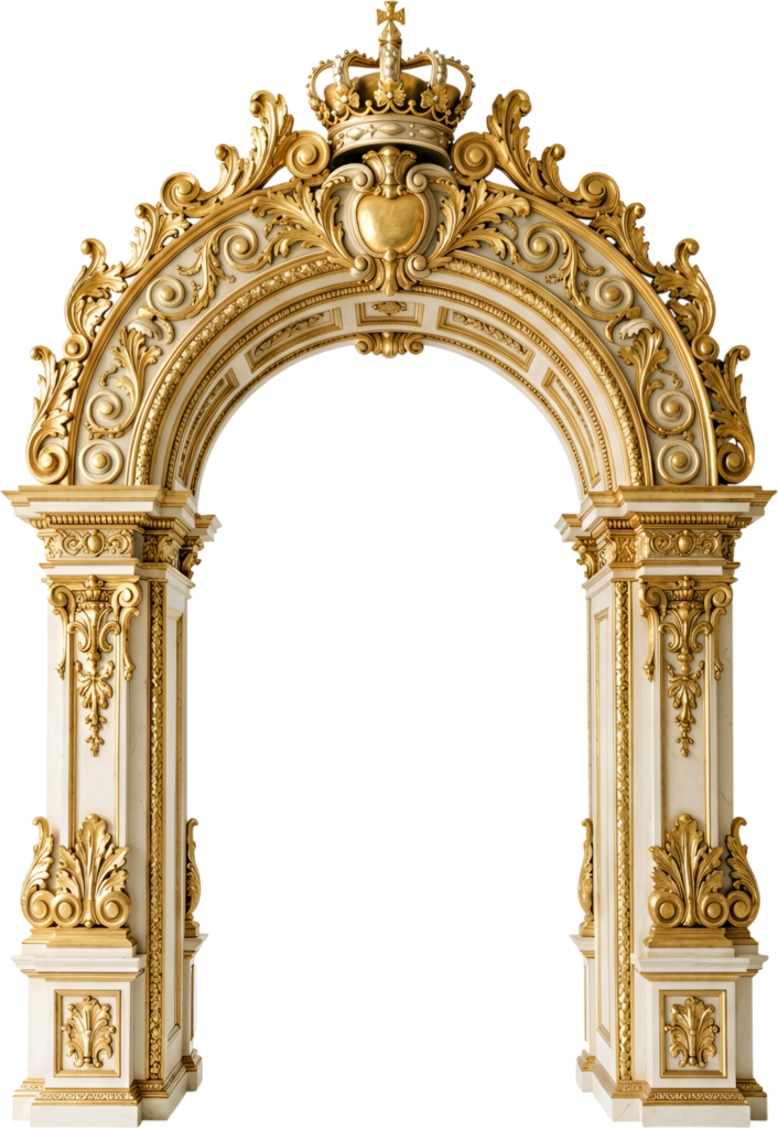 Majestic golden crown arch adorns a white and gold frame, a regal Royal PNG Clipart for royal themes