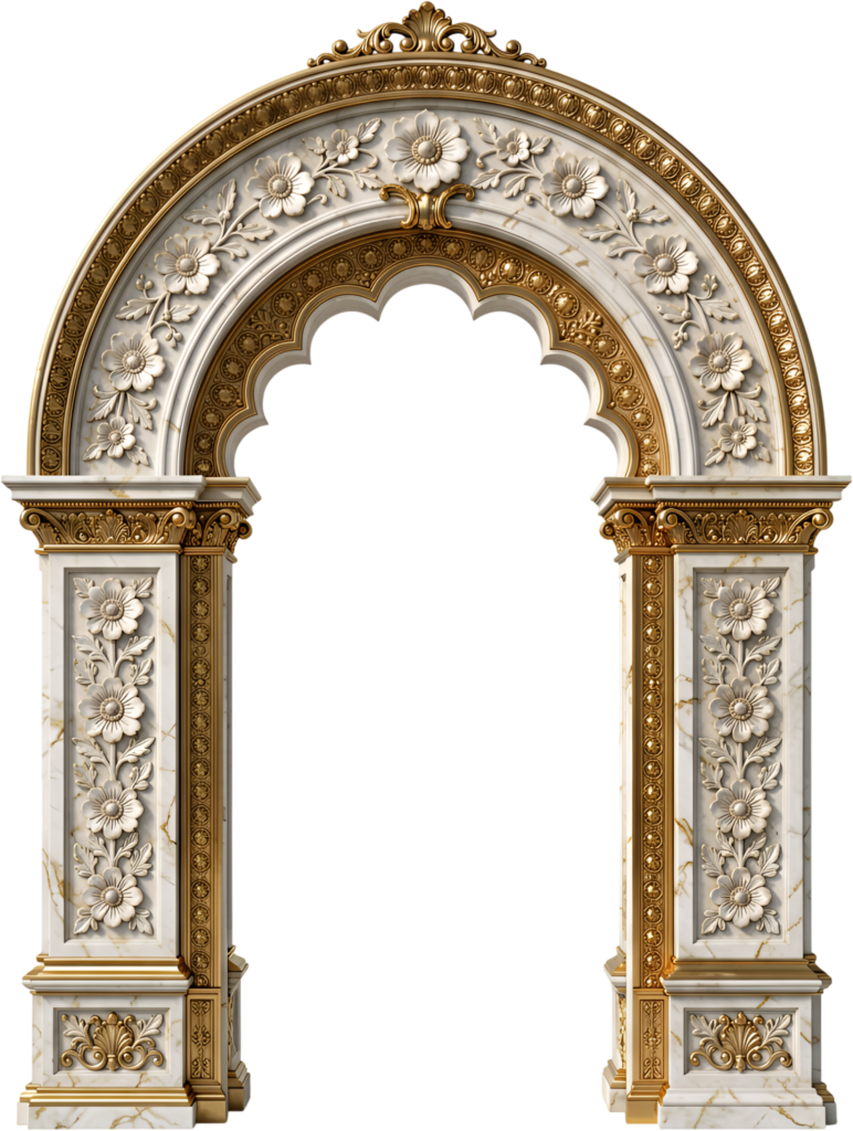 Floral marble archway with golden accents and ornate carvings, a beautiful Royal Clipart PNG for elegant projects