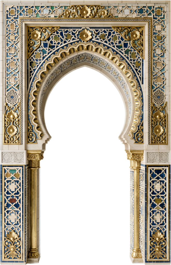 Striking Moroccan archway showcases vibrant geometric tiles and golden patterns, a unique Royal PNG Clipart