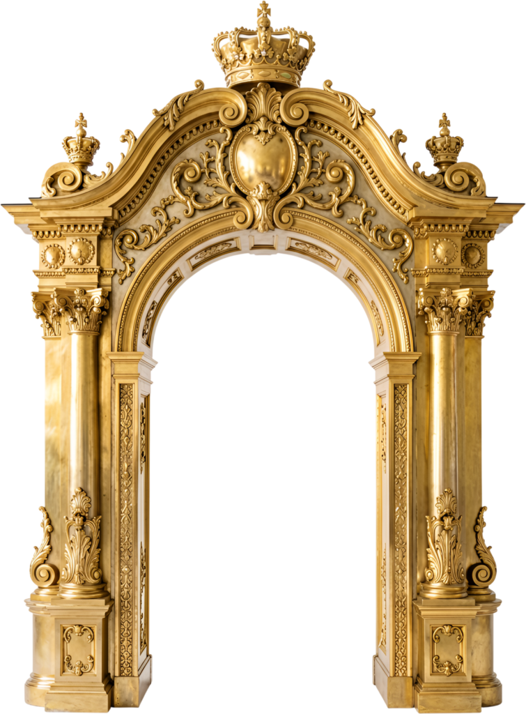 Resplendent golden arch crowned with multiple royal crowns, an opulent Royal Clipart PNG for grand celebrations
