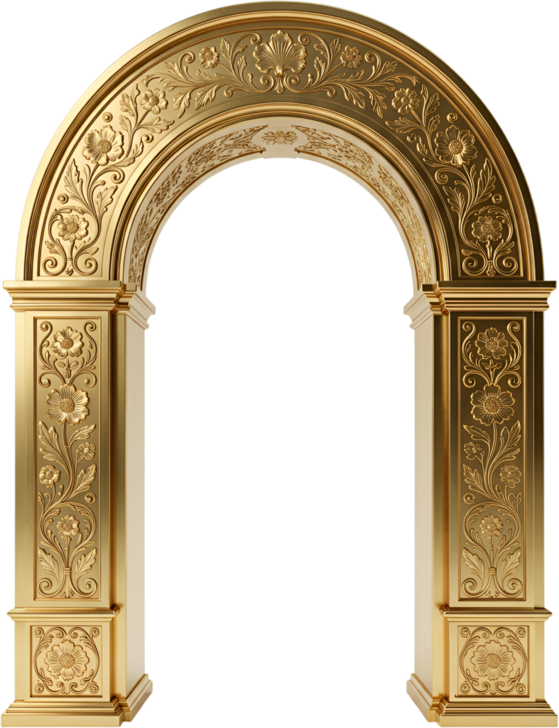 Sleek golden arch with embossed floral patterns, a modern classic Royal PNG Clipart for elegant graphic designs