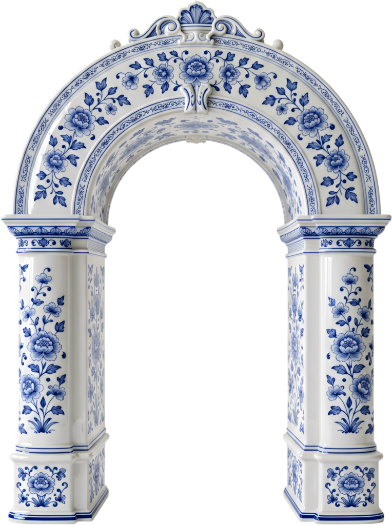 Charming blue and white delftware arch, adorned with intricate floral motifs, a distinctive Royal Clipart PNG