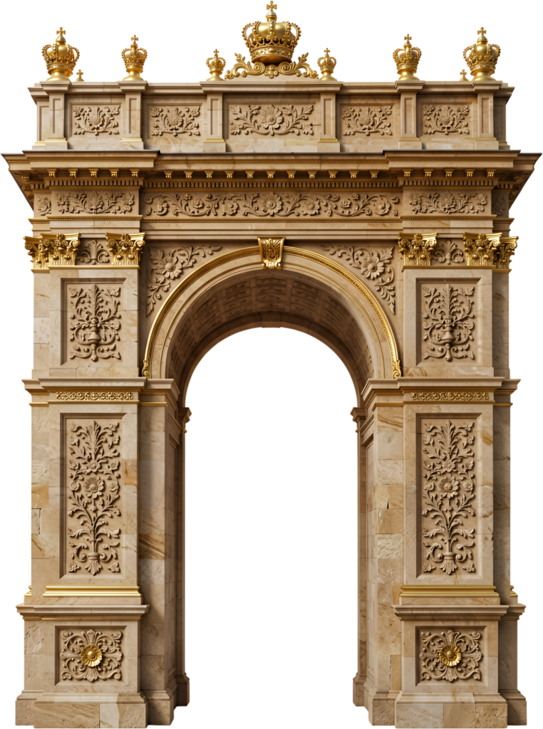 Monumental triumphal arch in stone and gold, featuring classic carvings and crowns, a stately Royal Clipart PNG
