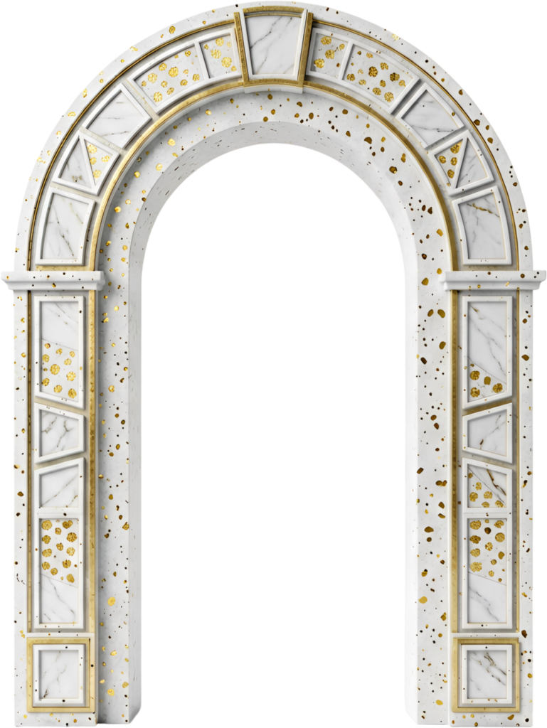 Modern white marble arch speckled with gold flakes, a contemporary Royal PNG Clipart for chic abstract designs