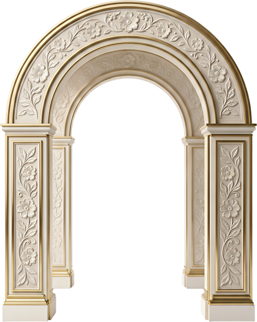 Elegant white arch with subtle gold trim and delicate floral relief, a sophisticated Royal Clipart PNG design