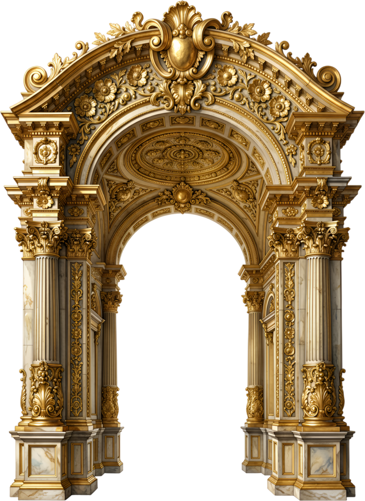 Highly detailed golden baroque arch with intricate carvings and classical columns, a lavish Royal PNG Clipart
