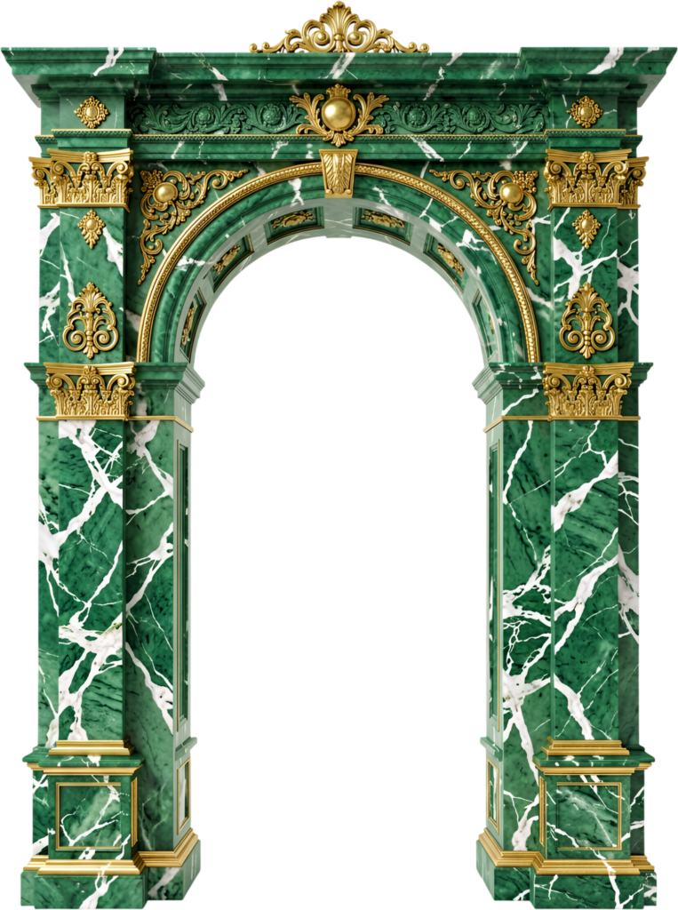 Stunning green marble arch with striking white veins and golden baroque embellishments, a grand Royal Clipart PNG