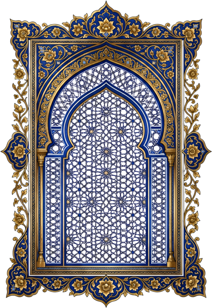 Intricately patterned Moorish archway with blue and gold mosaic tiles, a magnificent Royal PNG Clipart design
