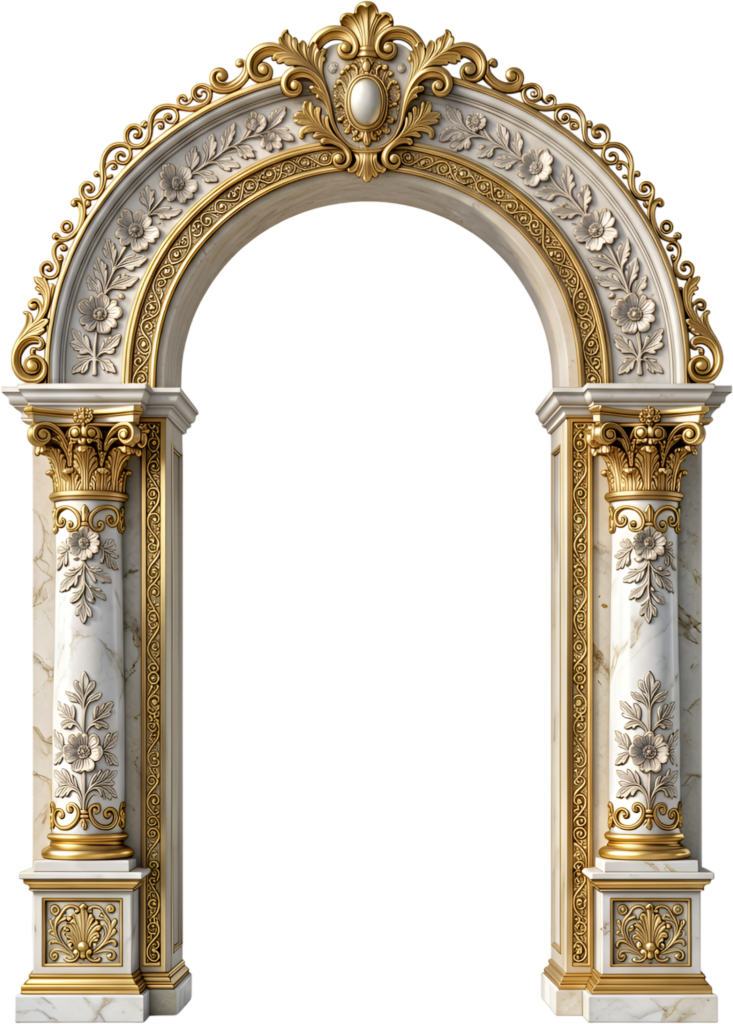 Exquisite white marble arch with golden accents and delicate floral reliefs, a timeless Royal PNG Clipart