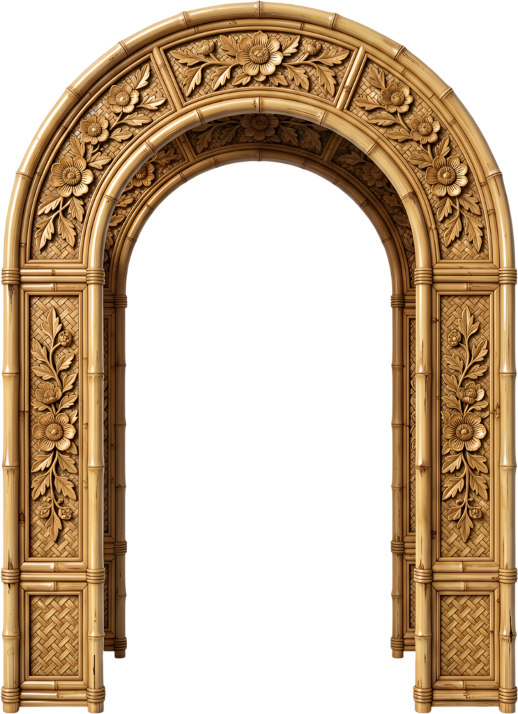 Rustic bamboo arch with carved floral motifs and woven textures, a charming Royal Clipart PNG for natural themes