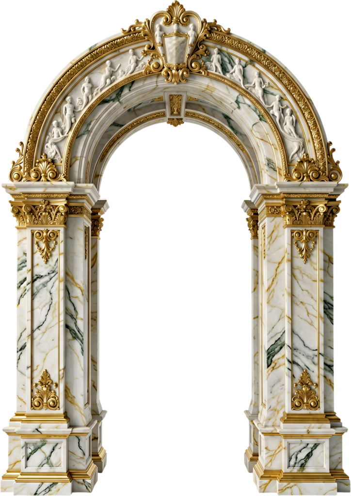 Majestic marble arch boasts intricate golden details and classical figures, a grand Royal PNG Clipart element