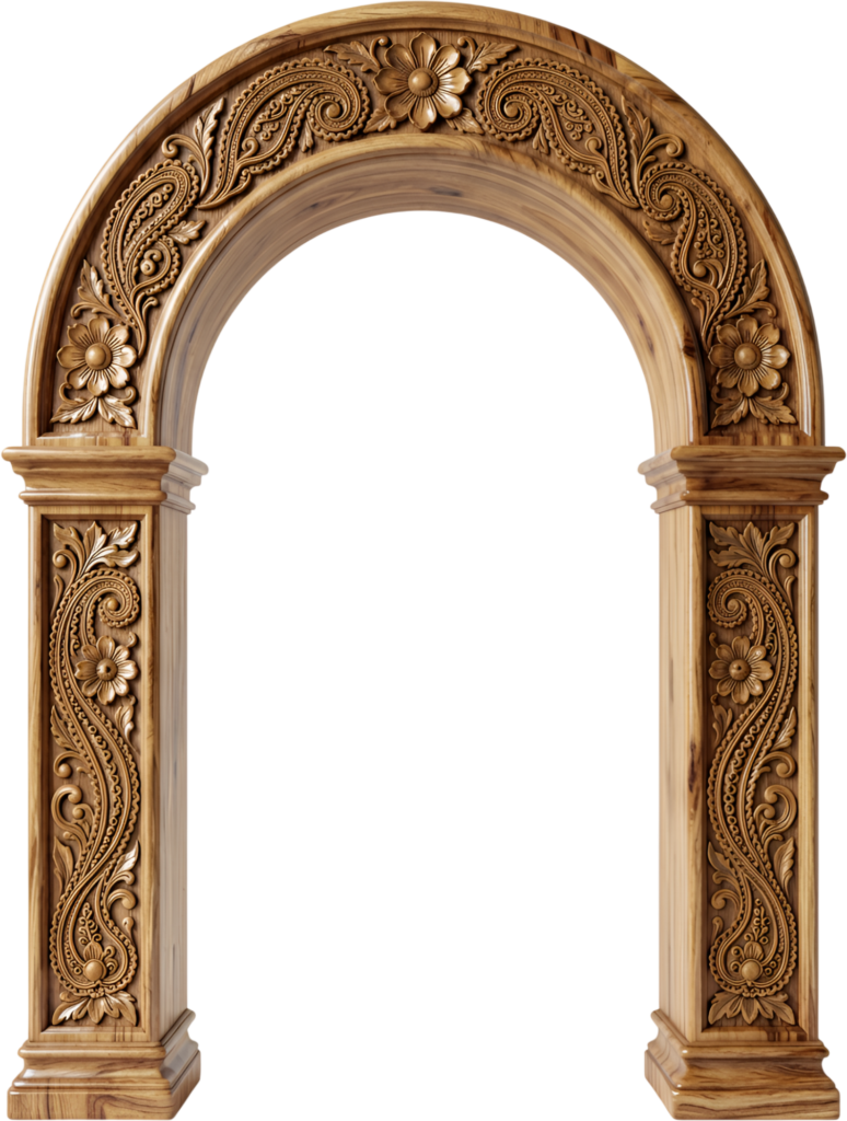 Hand-carved wooden arch with intricate paisley and floral patterns, a beautiful Royal Clipart PNG for artisan designs