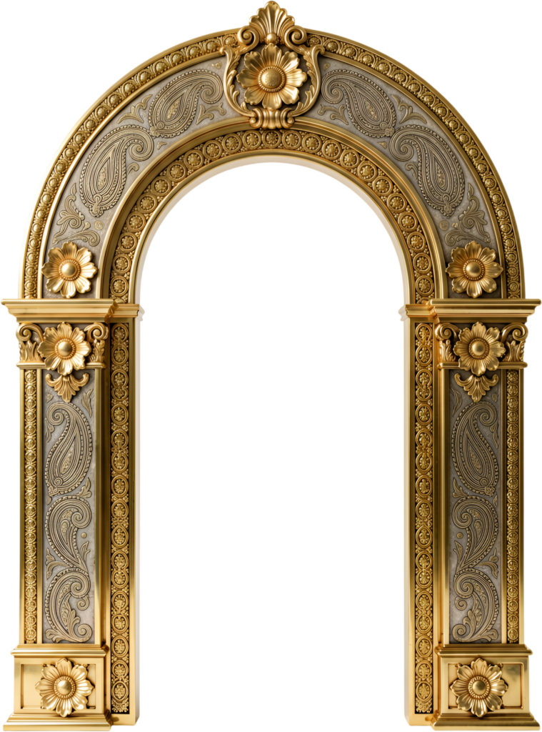 Luxurious golden arch featuring delicate floral carvings and intricate paisley designs, a rich Royal PNG Clipart