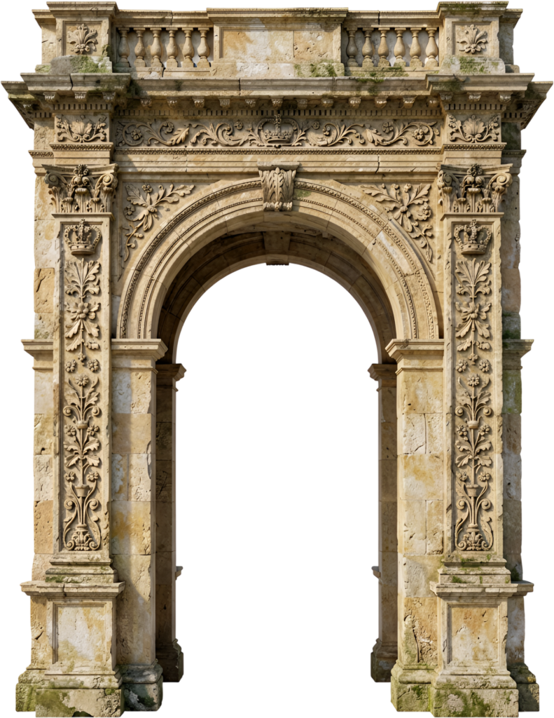 Ancient stone archway, weathered and adorned with classic floral carvings, a timeless Royal Clipart PNG asset