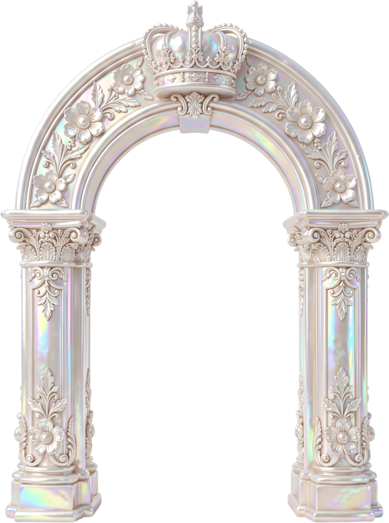 Iridescent pearl arch crowned with a regal tiara, featuring elegant floral reliefs, a magical Royal PNG Clipart