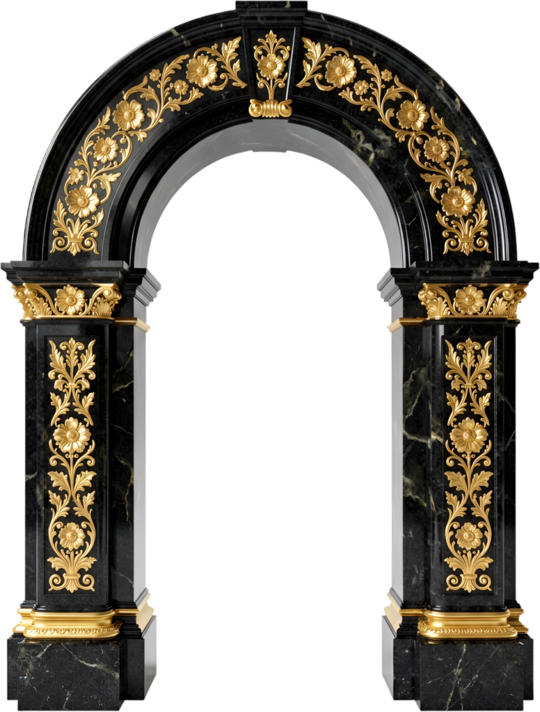 Striking black marble arch with golden floral embellishments, a sophisticated Royal Clipart PNG for luxury decor