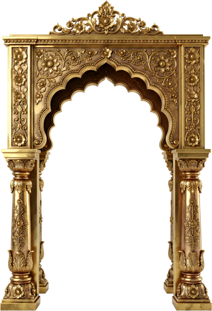 Ornate golden archway in traditional Indian style, featuring intricate floral designs, a magnificent Royal PNG Clipart