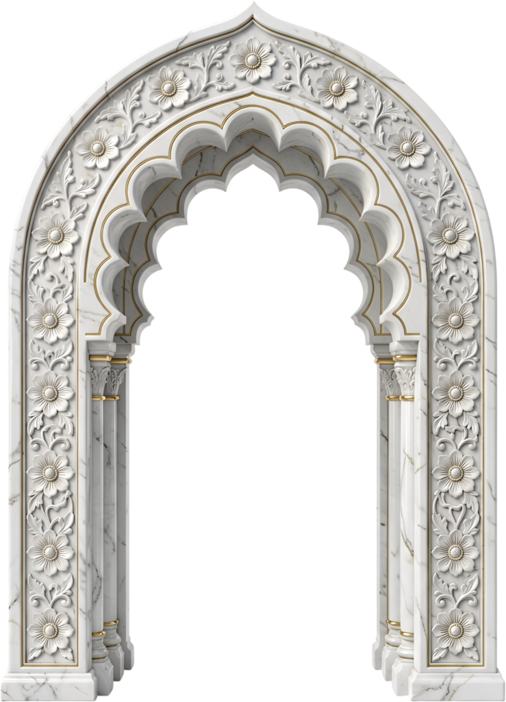 White marble arch with delicate floral carvings and golden trim, a charming Royal Clipart PNG for wedding themes