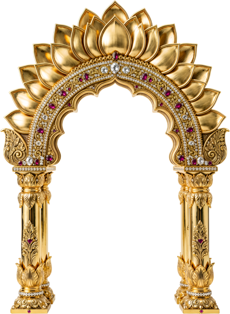 Radiant golden lotus arch, jeweled with rubies and diamonds, a breathtaking Royal PNG Clipart for grand celebrations