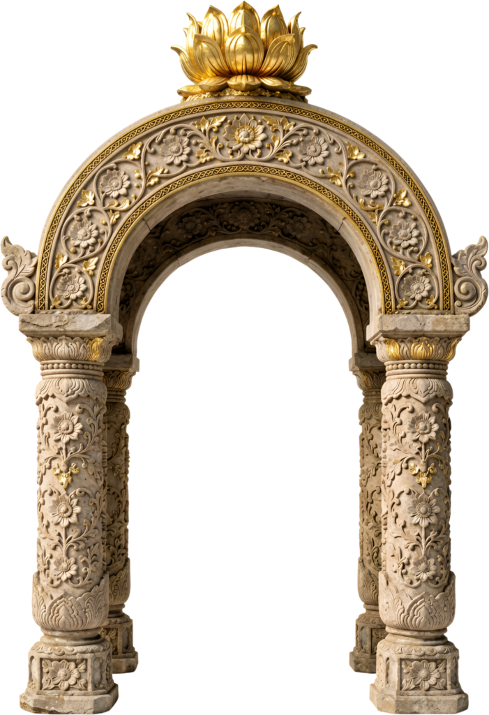 Ancient stone archway with golden accents and intricate floral carvings, a timeless Royal Clipart PNG asset