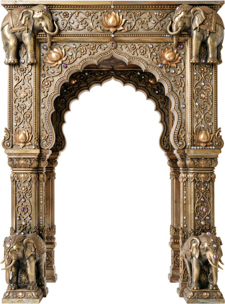 Majestic elephant arch with intricate jewels and lotus motifs, a stunning Royal PNG Clipart for cultural events