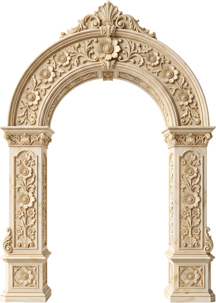 Elegant cream-colored arch with delicate floral carvings, a refined Royal Clipart PNG for sophisticated designs