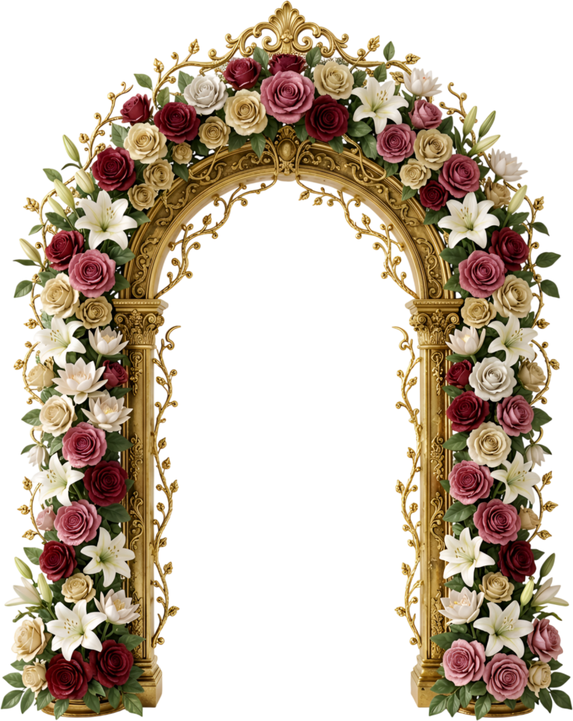 Enchanting floral arch adorned with roses and lilies, a romantic Royal PNG Clipart for wedding and event decor