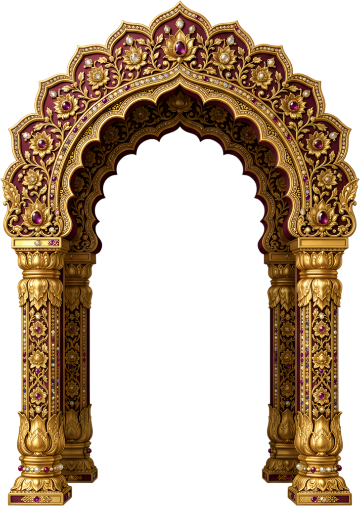 Sumptuous Indian archway in gold and ruby, richly embellished with floral and jeweled designs, a grand Royal Clipart PNG