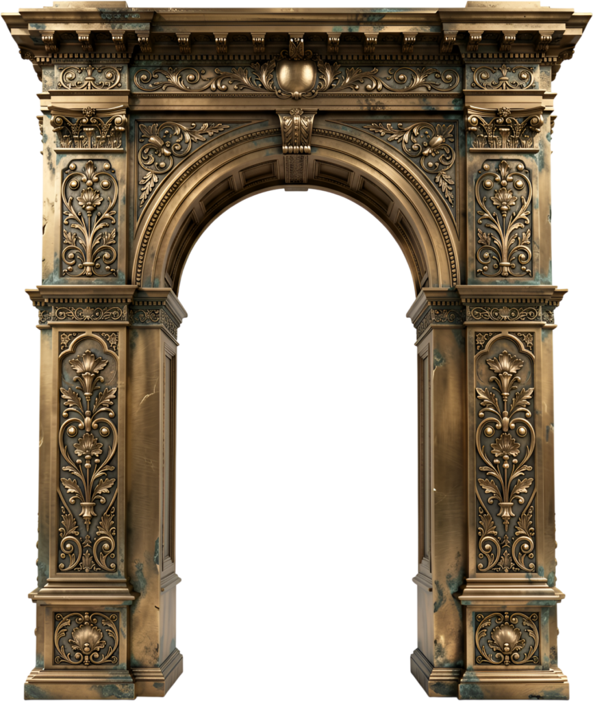 Ancient bronze archway with weathered patina and classical floral carvings, a historic Royal PNG Clipart asset