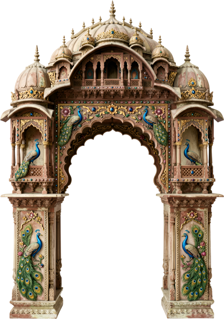 Exquisite peacock archway in traditional Indian style, featuring vibrant colors and elaborate carvings, a charming Royal Clipart PNG