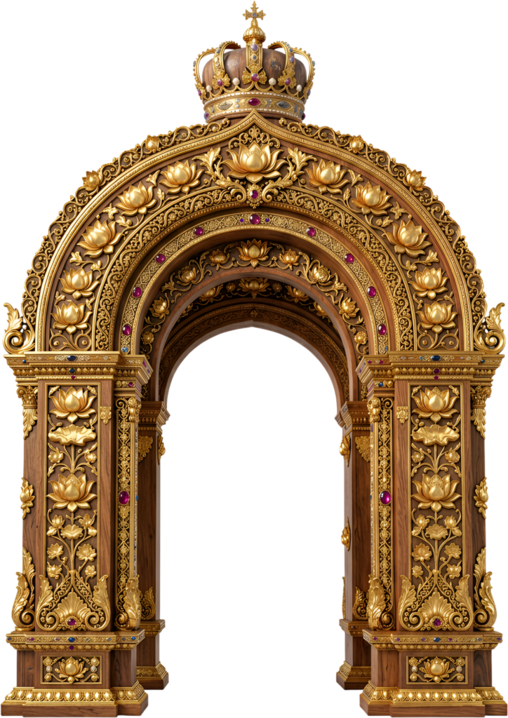 Ornate golden arch features elaborate baroque carvings and royal crowns, a majestic Royal Clipart PNG asset